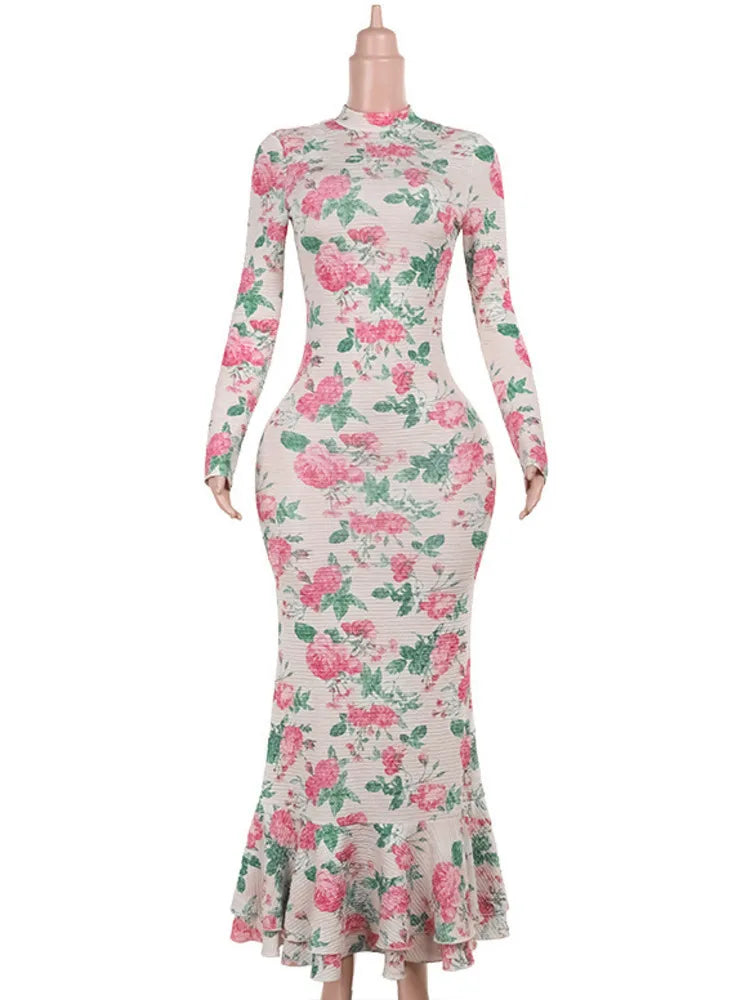 Bodycon Long Sleeve Half High Collar Print Zipper High Waist Maxi Dress