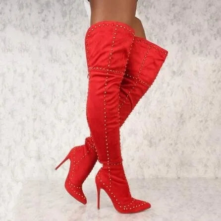 Thin High Heel Rivets Luxury Over The Knee Suede Pointed Toe Boots