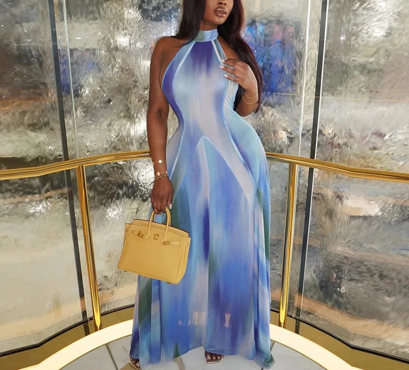 Women’s Gradient Print O-Neck Sleeveless Bodycon Long Dress