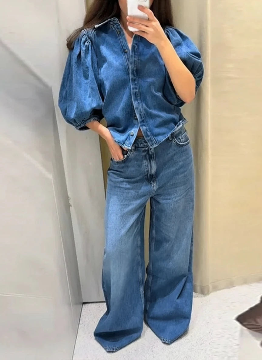 Women’s Denim Short Solid Lapel Half Puff Sleeve Single Breasted Pleated Top