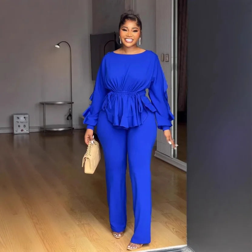 Women's Long Sleeve Flare Ruffles Hem Blouse and Pants Set 2 Piece Set