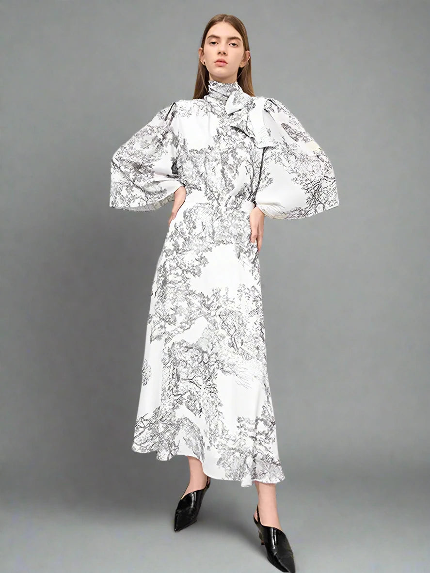 Women’s Minimalism Print Three-quarter Tied Shirts + Half-body Skirts