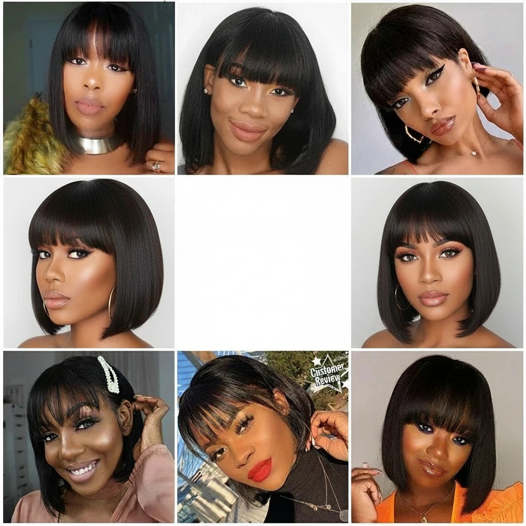 Straight Bob Wig With Bangs 100% Human Hair Blunt Cut Brazilian Hair