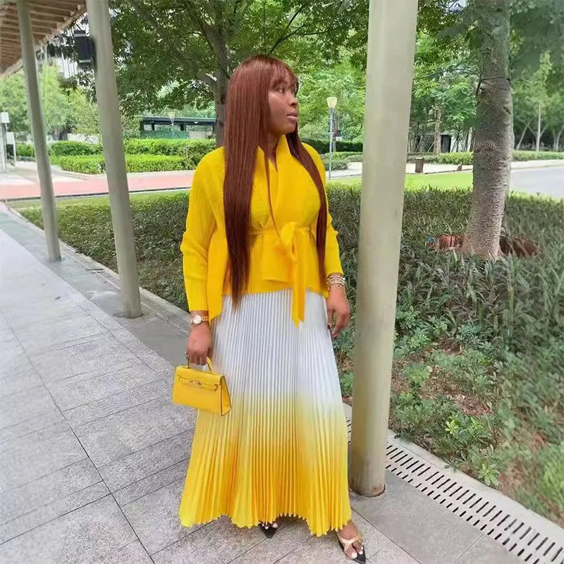 Gradient Women's Full Sleeve V-Neck Blouse with Beltt and Pleated Maxi Skirt Set