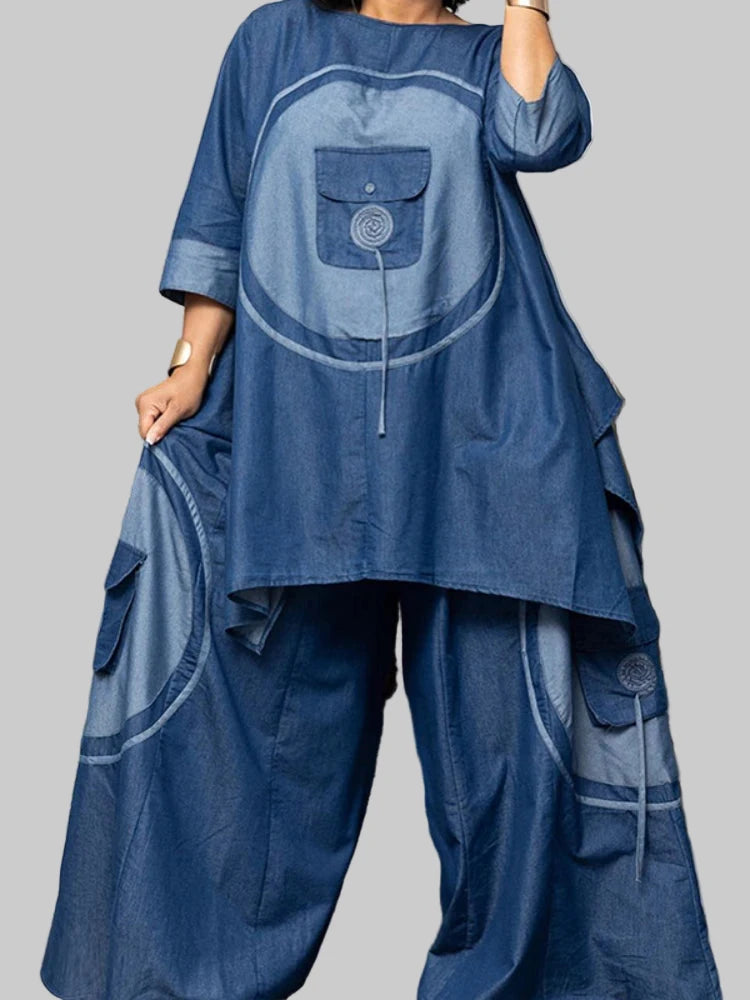 Denim-Style Women's Three-Quarter Sleeve Blouse and Wide Leg Pants Set