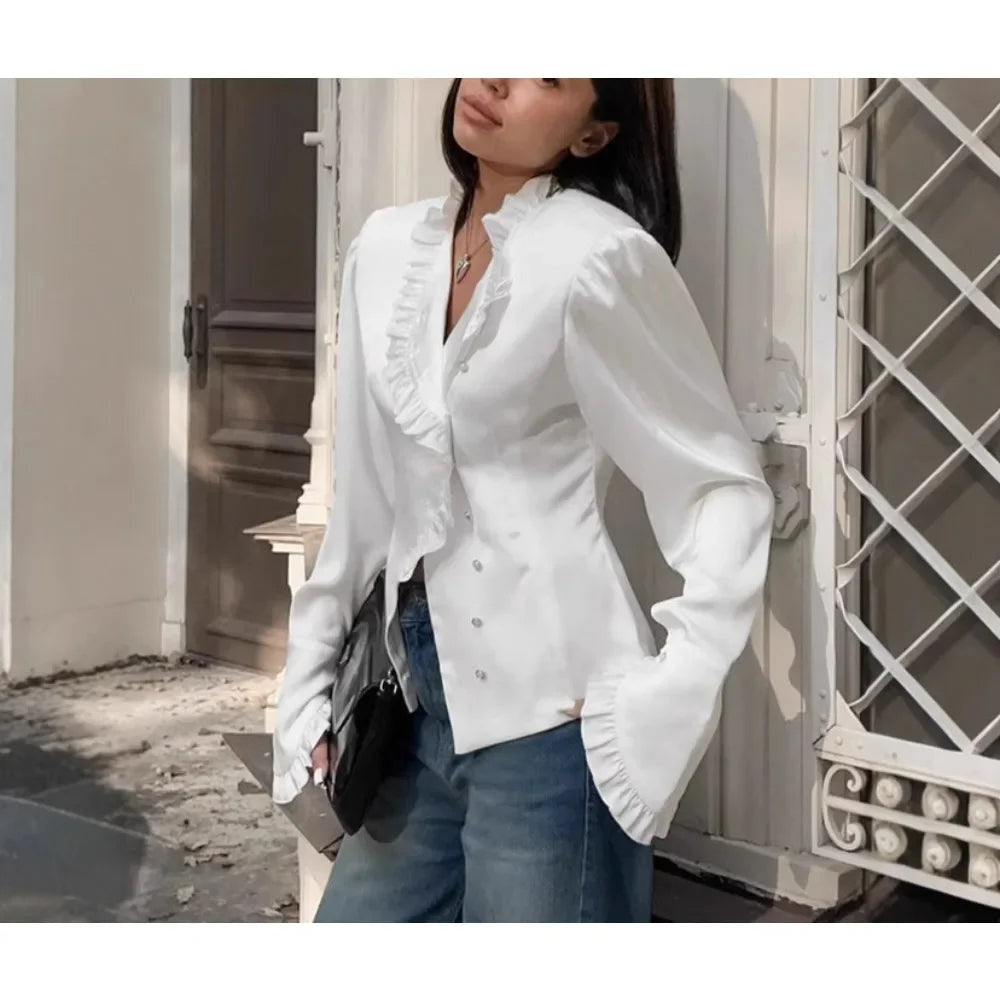 Solid Spliced Button Blouses for Women Lapel Long Sleeve Tunic