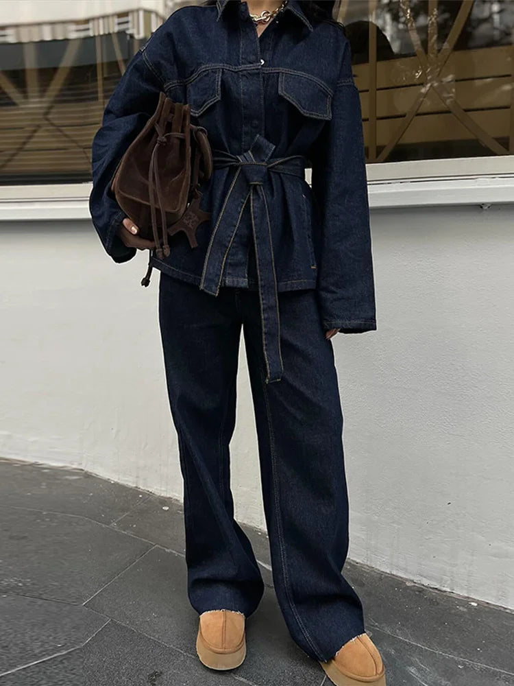 Women’s Denim Jacket With Lapel Belt and Wide Leg Jeans