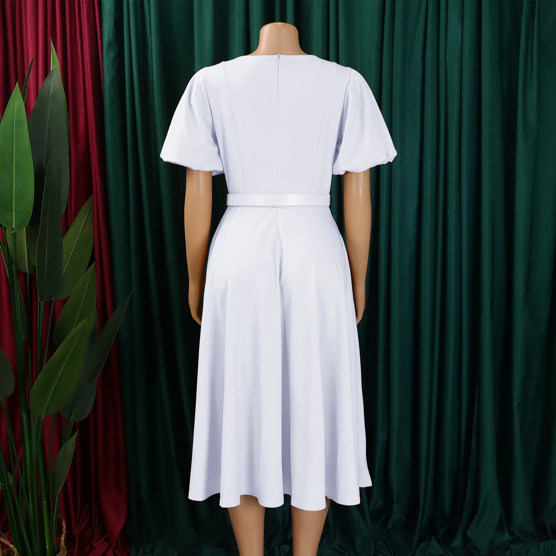 Women’s Long A Line Belted High Waist Puff Sleeve Dress