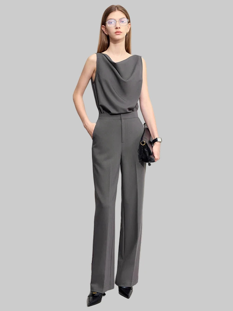 Swing Collar Women’s Vest + Straight Solid Casual Pants *Sold Seperately*