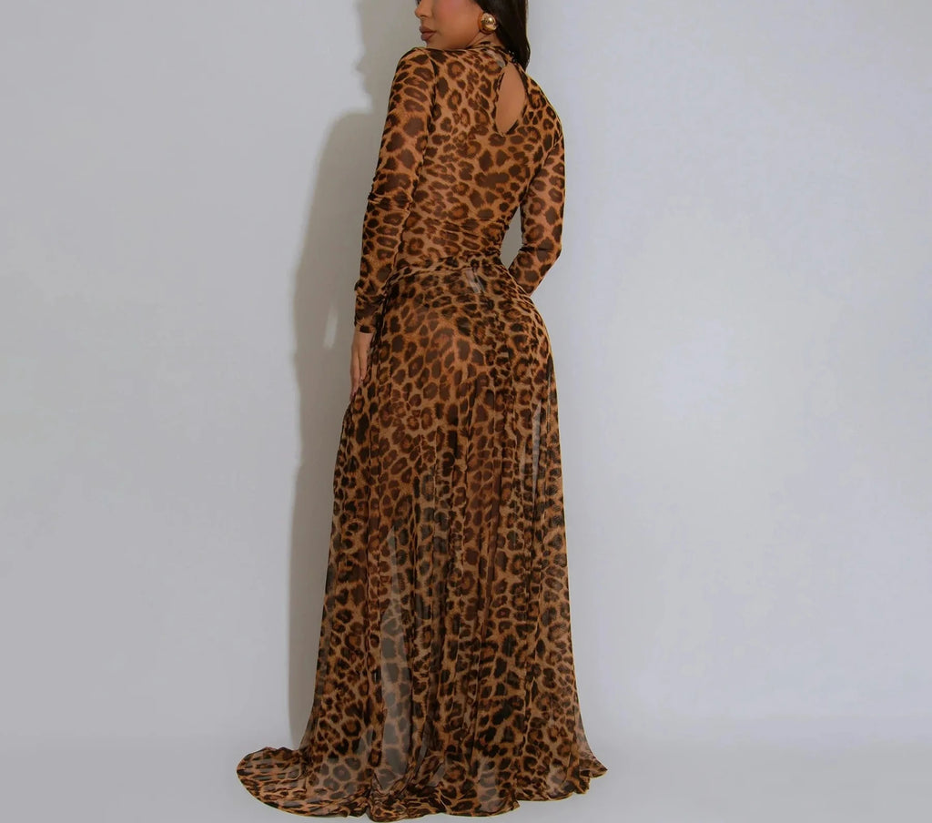Women’s Leopard Print full Sleeve Bodysuit Top + long Skirt Set