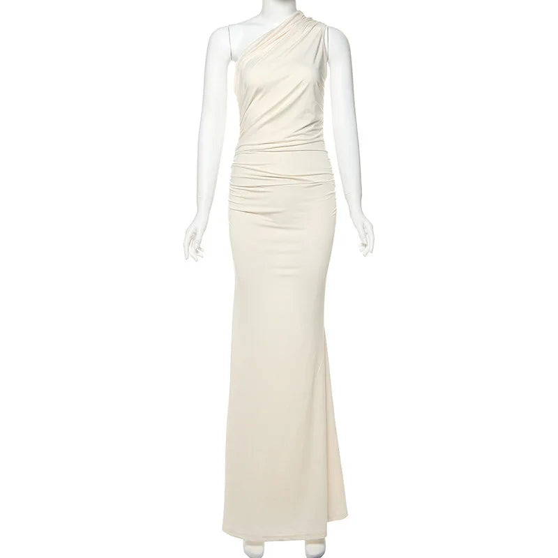 Sleeveless Oblique Shoulder Ruched Slim Floor-Length Women’s Dress