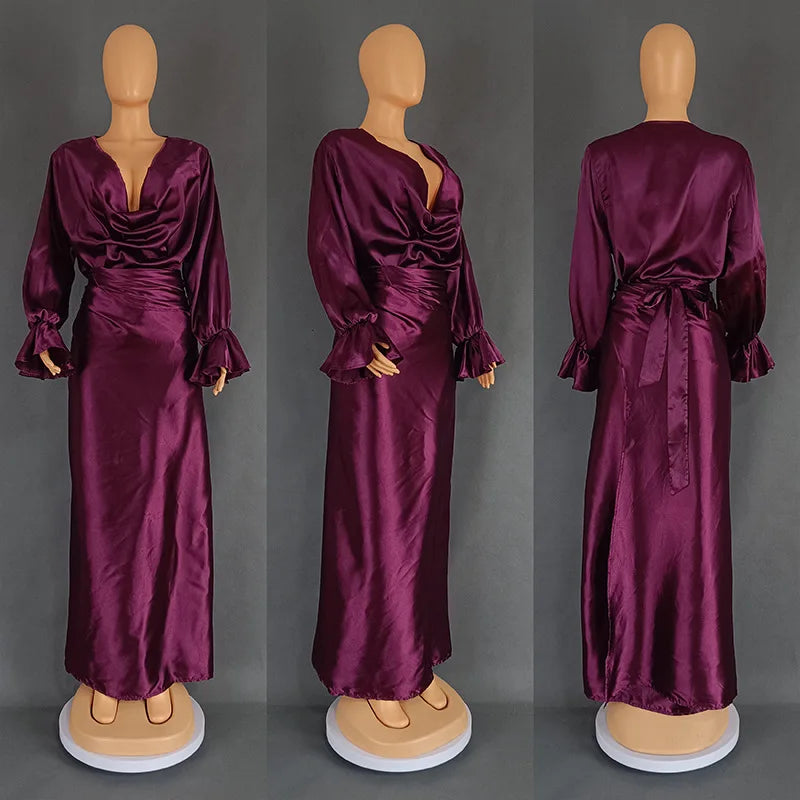 Women's Satin Flare Long Sleeve Pile Collar and Draped Waist Dress