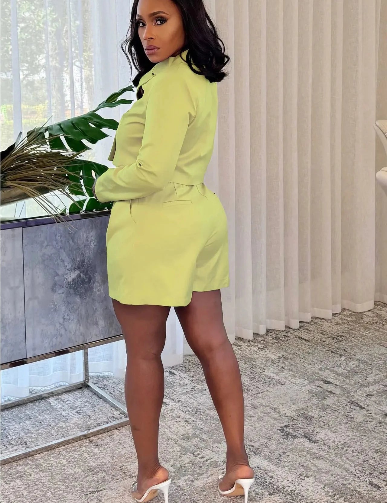 Women's Long Sleeve Notched Neck Blazer Top + Shorts Set