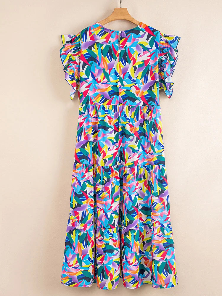 Plus Size Geo Print O-Neck Flying Sleeve Boho Ruffle Hem Loose Dress