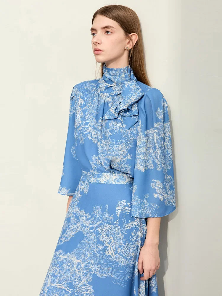 Women’s Minimalism Print Three-quarter Tied Shirts + Half-body Skirts