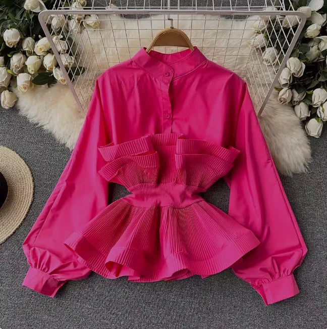 O Neck Puff Long Sleeve Ruffles Patchwork Slim Blouse