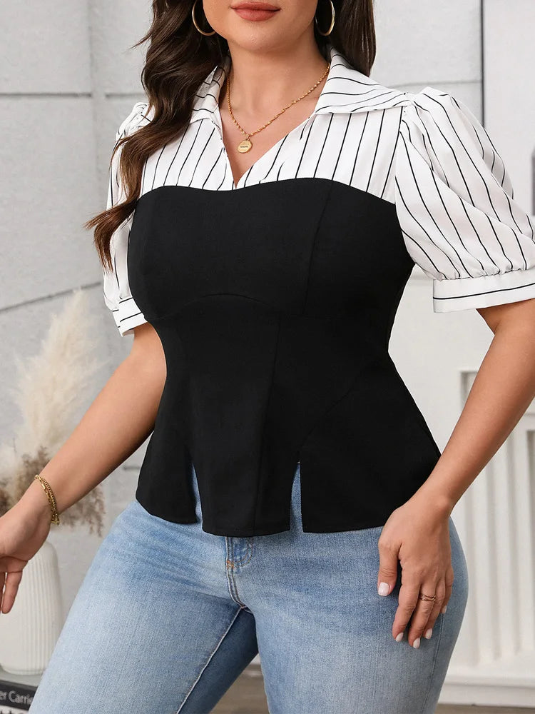 Women’s Plus Size Striped V-Neck Puff Front Split Sleeve Blouse