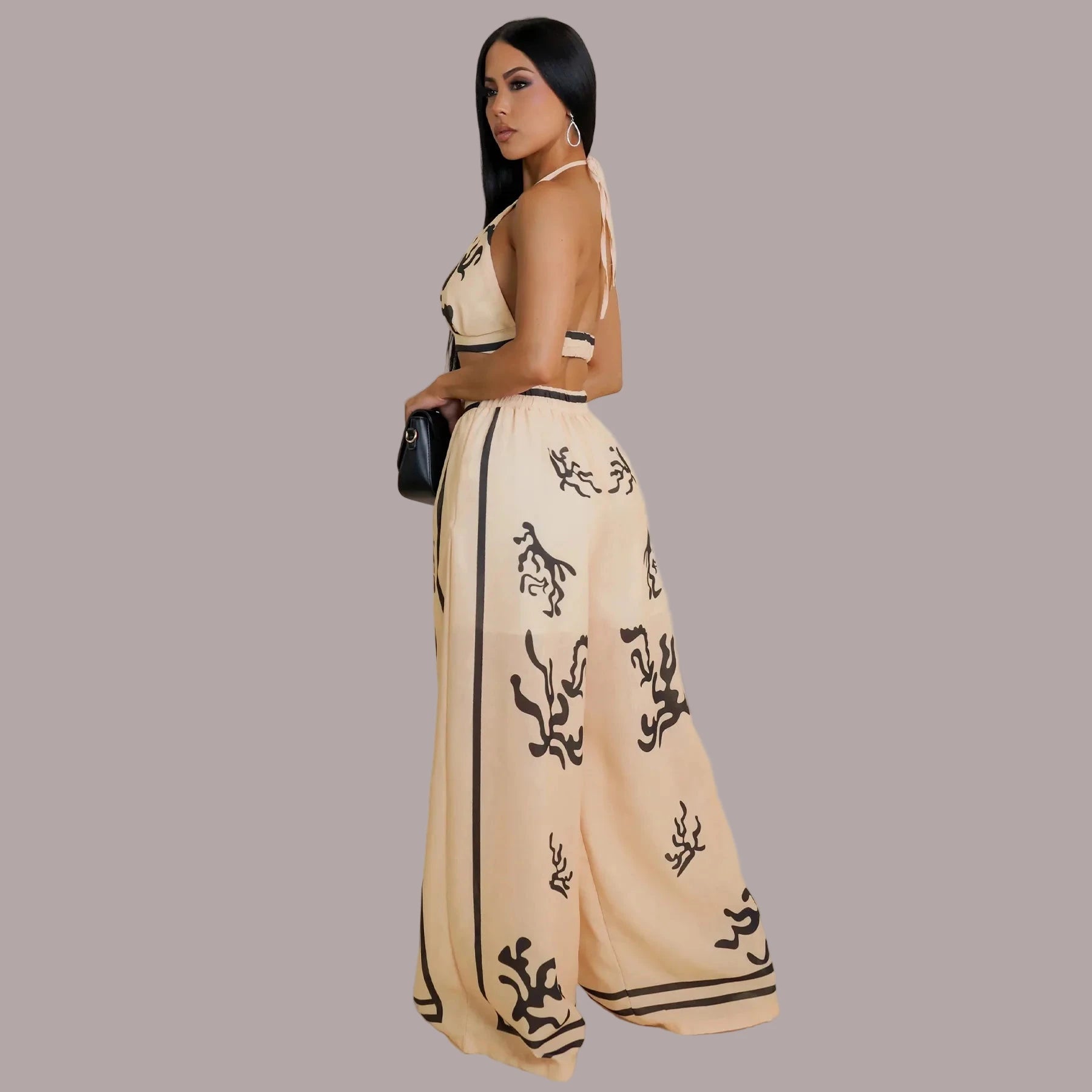 Women's Strap V-neck Crop Top and Wide Leg Pants Set