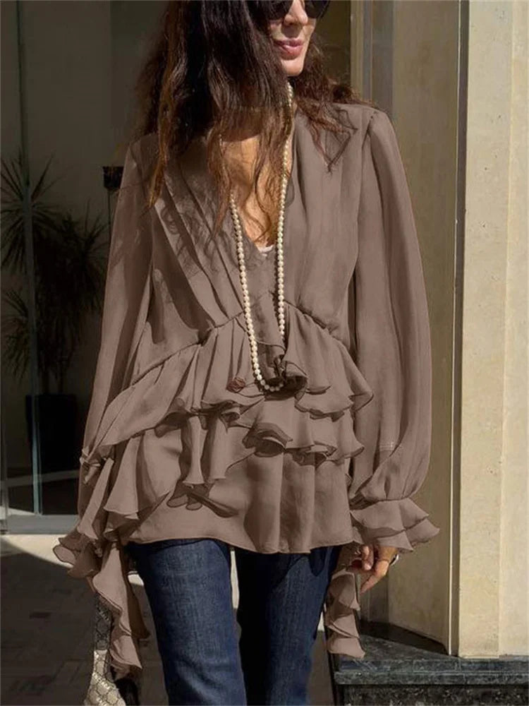 Chiffon Ruffled V-Neck Patchwork Long Sleeve Blouse