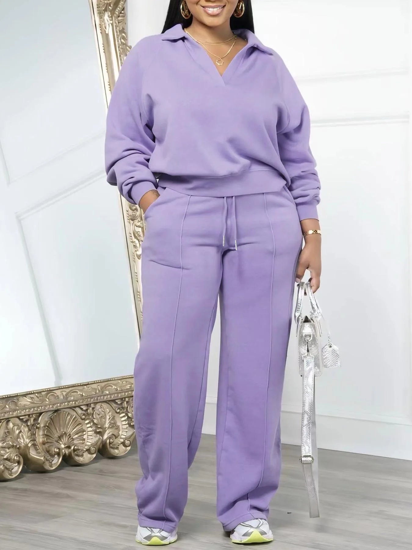 Women's V-neck Long Sleeve Sweatshirt and SweatPants Tracksuit