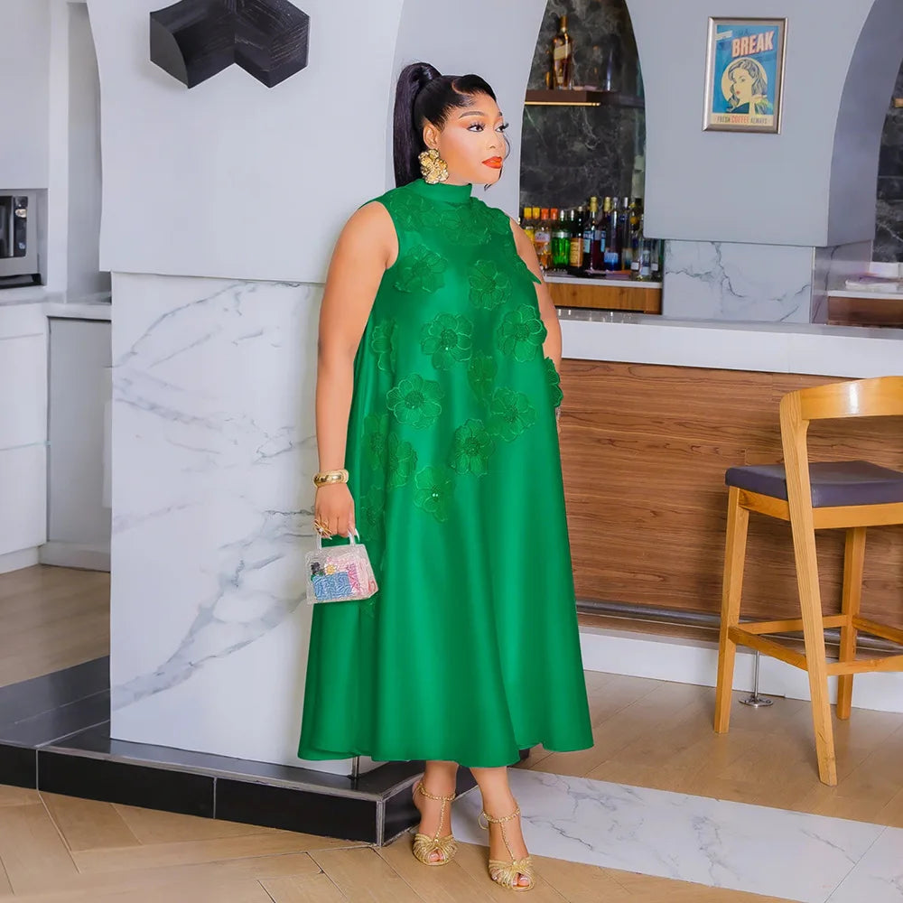 Women’s Sleeveless Loose 3D Flower O-neck Dress Bodycon Midi Maxi Dress