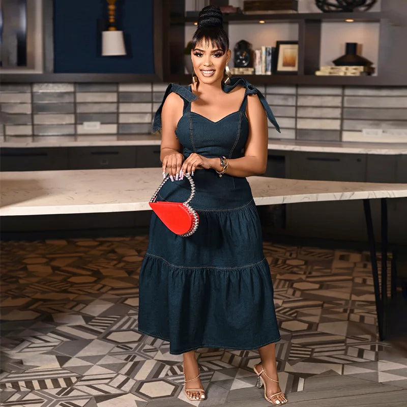 Plus Size Women’s A-line Strap Sleevelesst Denim Midi Dress