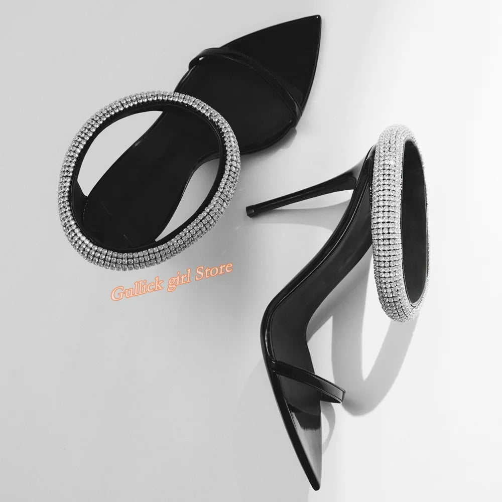 Top Quality Crystal Strap Stiletto Sandals Sexy Pointed Toe Black Patend Leather Slip On Fashion 2024 Summer New Arrivals Shoes