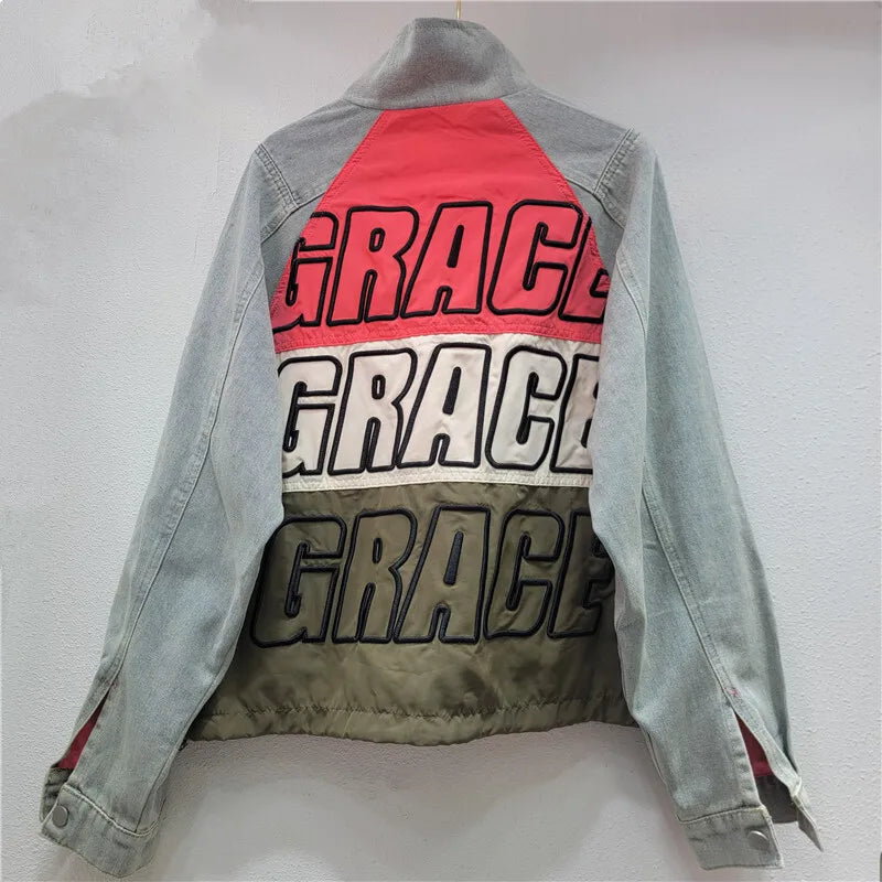 Women Patchwork Denim Raglan Sleeve Zipper Loose 3d Pockets Letters Embroidery Jacket