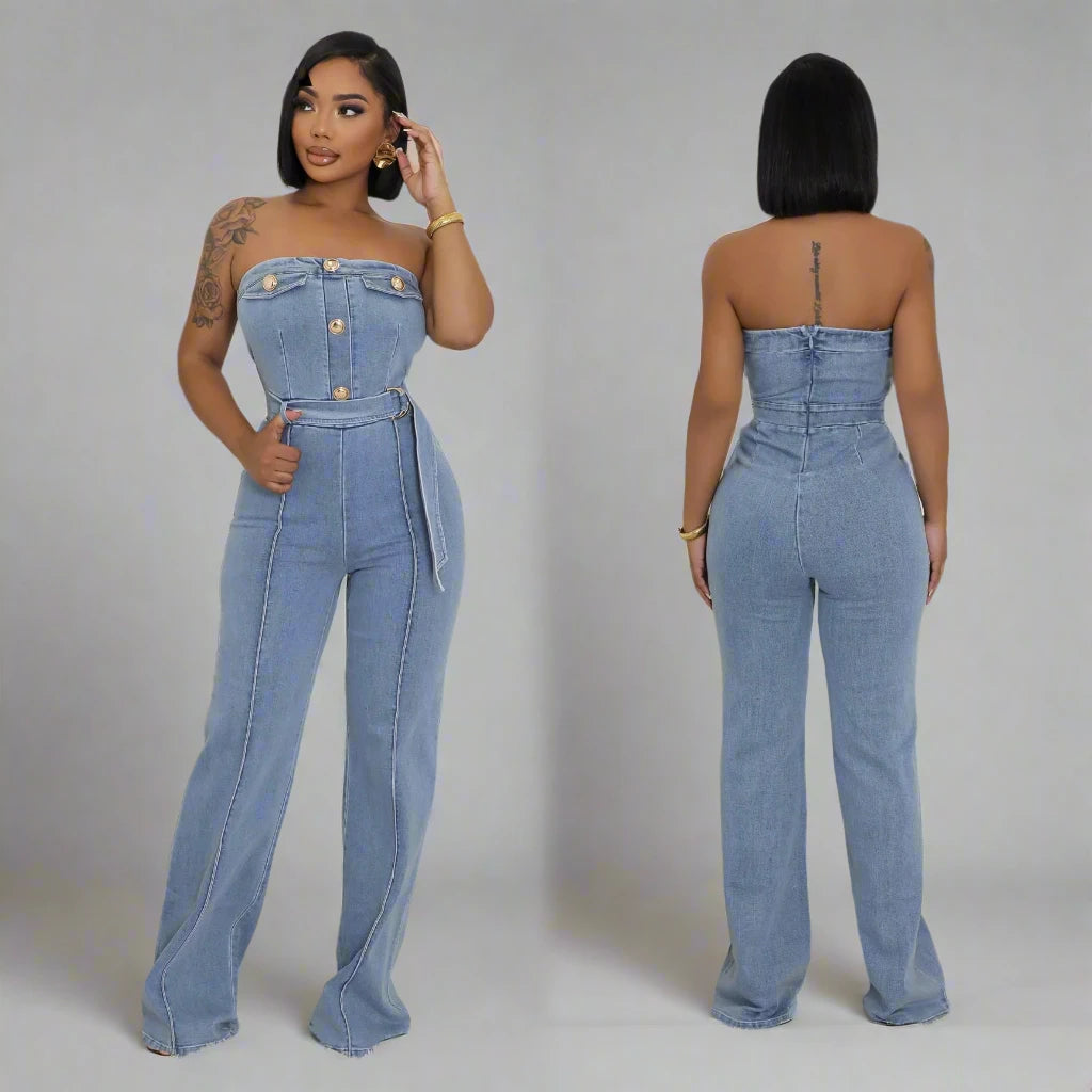 Women’s Sleeveless Button Straight Denim Strapless Jumpsuit