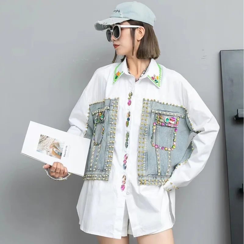 Women's Shirt Colored Diamond Beading Rivet Patchwork Denim Blouse