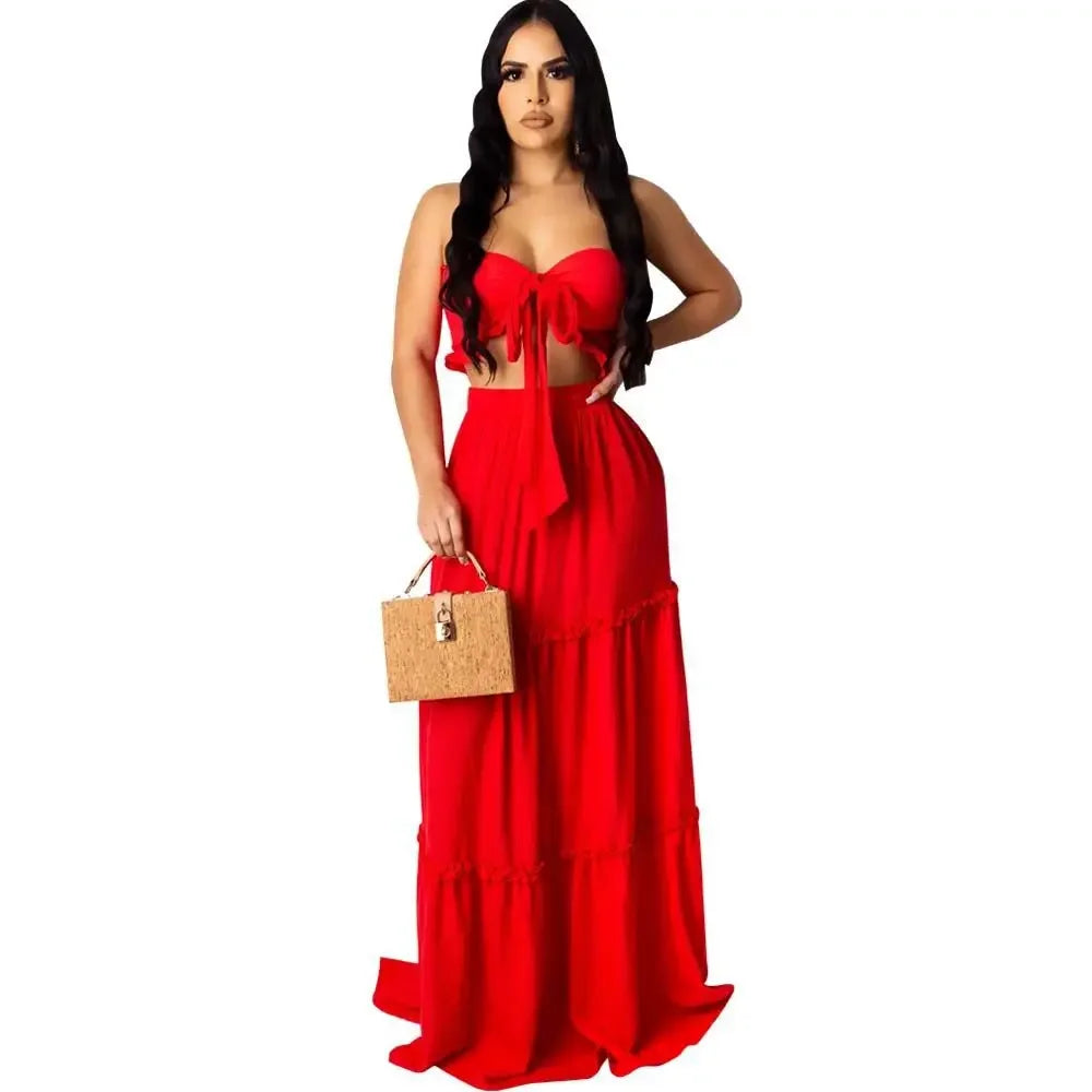 Women’s Solid Bohemian Bow Strapless Crop Top & Cascanding Ruffles Maxi Skirt Two Piece Set