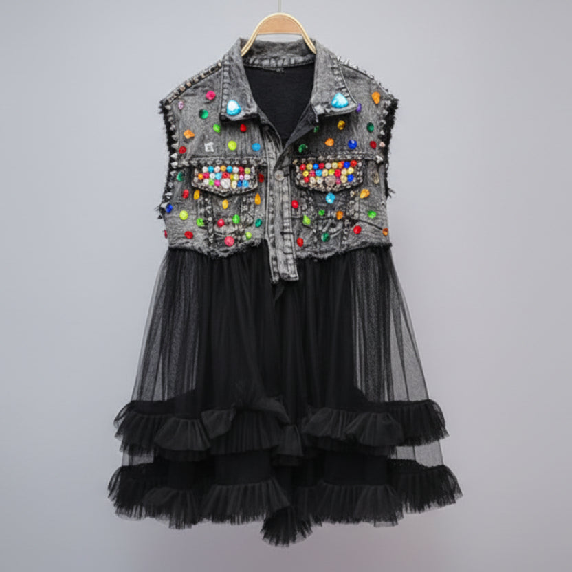 Women’s Rainbow Color Diamond Beaded Mesh Ruffles Splice Jean Jacket