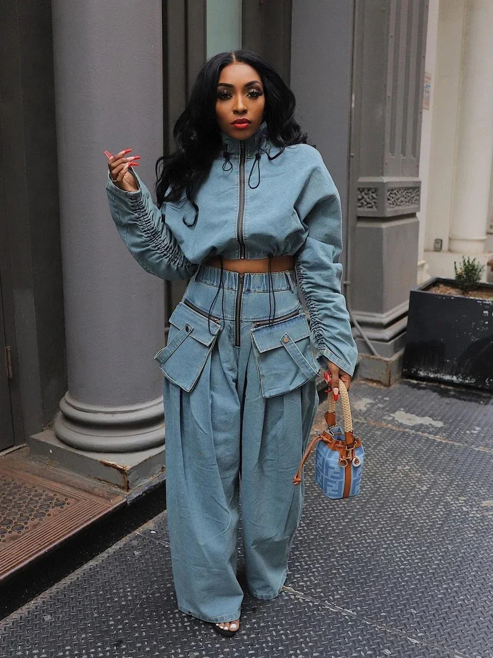 Women's Ruched Long Sleeve Jacket and Pocket Front Wide Leg High Waist Jeans Pants Set