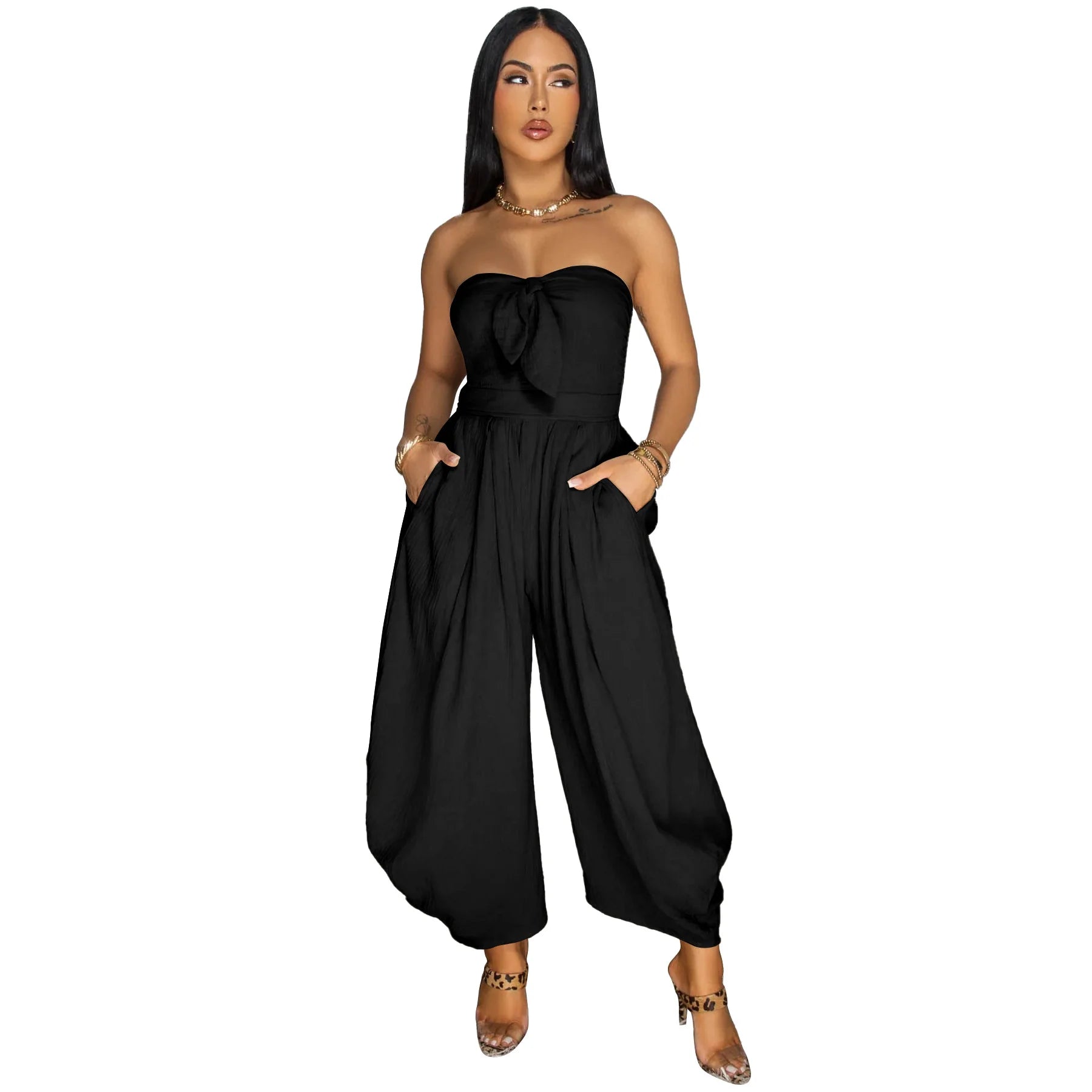 Women’s Wide Leg Strapless Sleeveless Bowknot Jumpsuit
