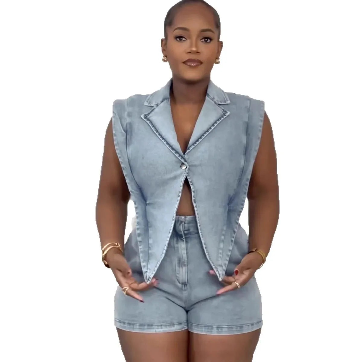 Women’s Denim Sleeveless Hollow Out Short Jumpsuit