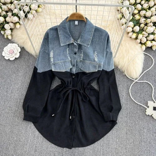 Turn Down Collar Contrast Color Denim Style Patchwork Drawstring Blouse