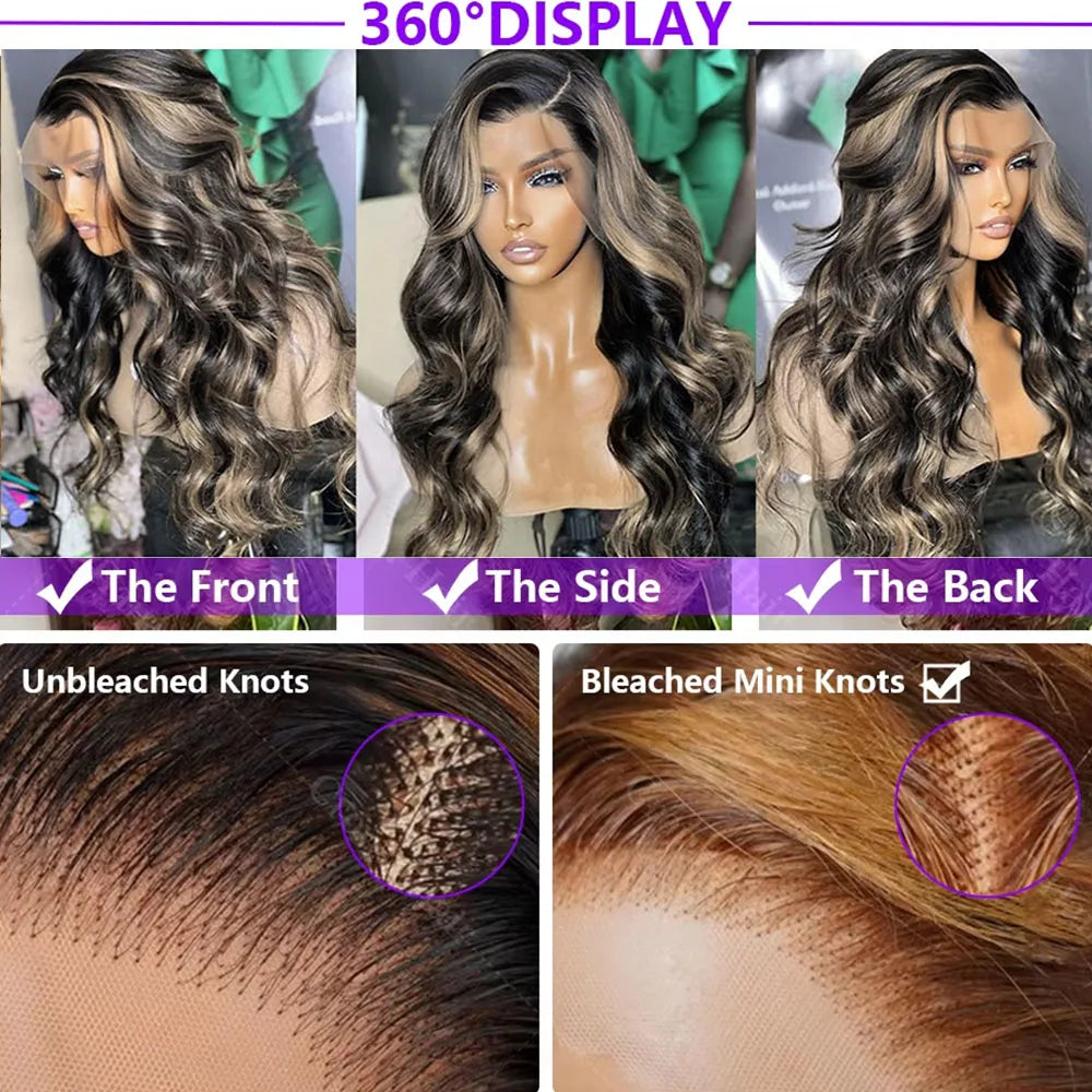 1B/27 Body Wave Human Brazilian Hair 30 Inch 13x4 HD Lace Frontal Ombre Blonde Highlight Front Wig