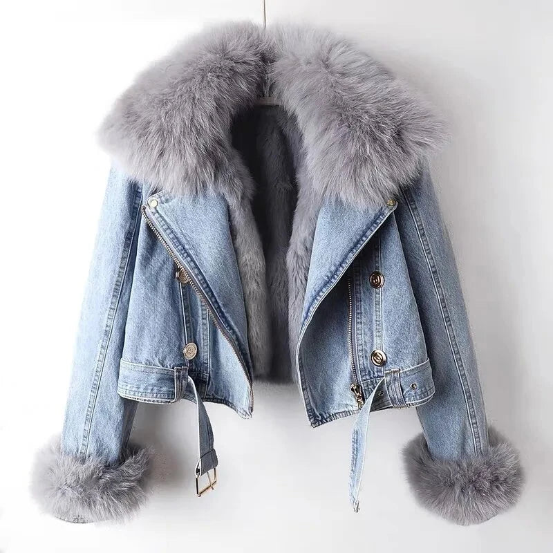 Winter Denim Overcoat Faux Fox Fur Collar