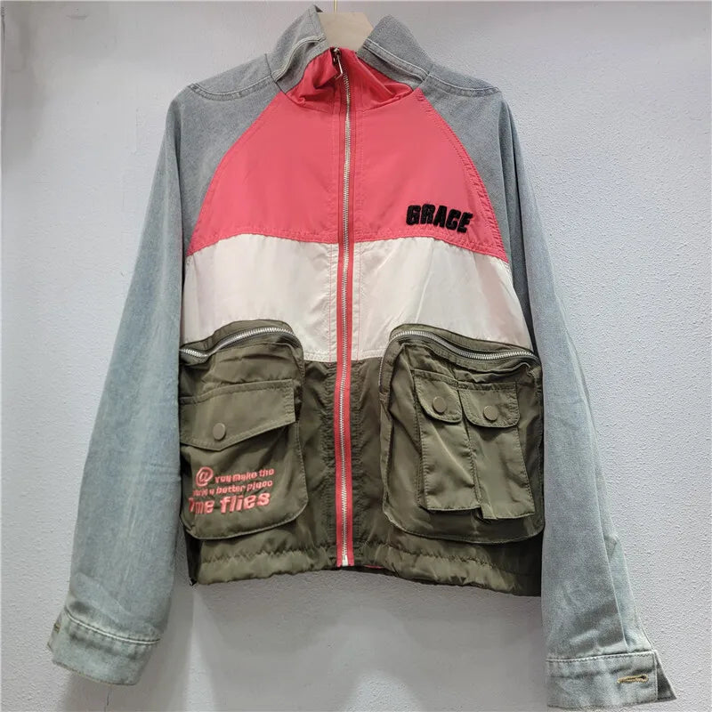 Women Patchwork Denim Raglan Sleeve Zipper Loose 3d Pockets Letters Embroidery Jacket