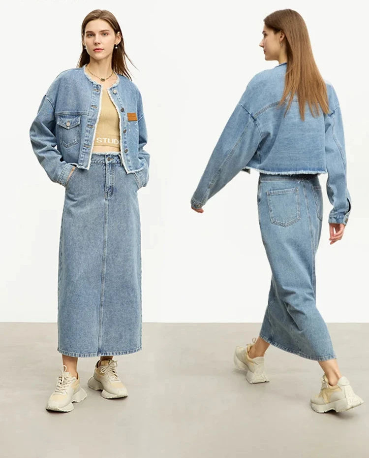 Women’s Denim Midi Skirt & Crew Neck Loose Jean Jacket