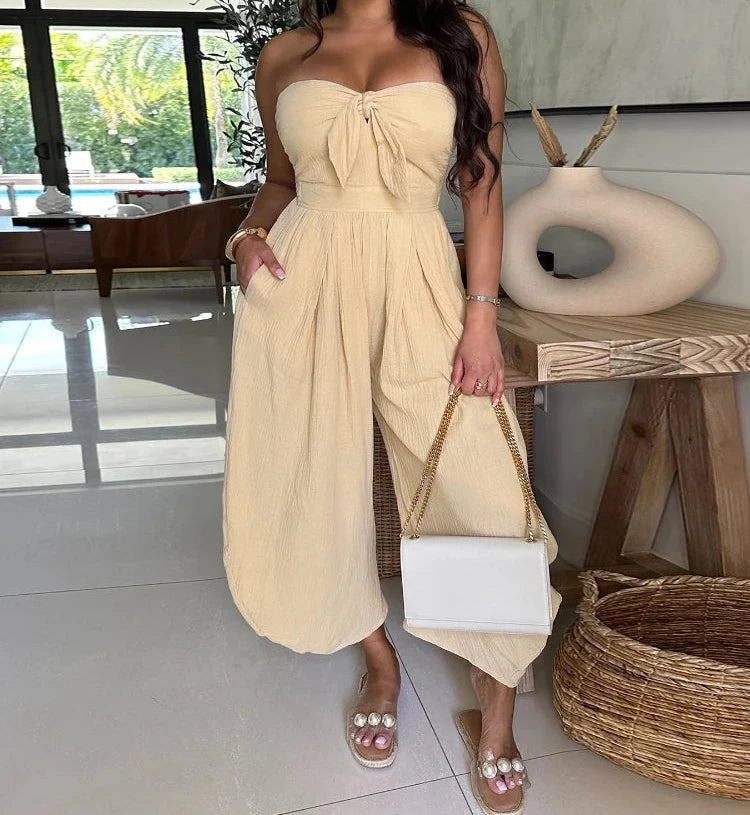 Women’s Wide Leg Strapless Sleeveless Bowknot Jumpsuit