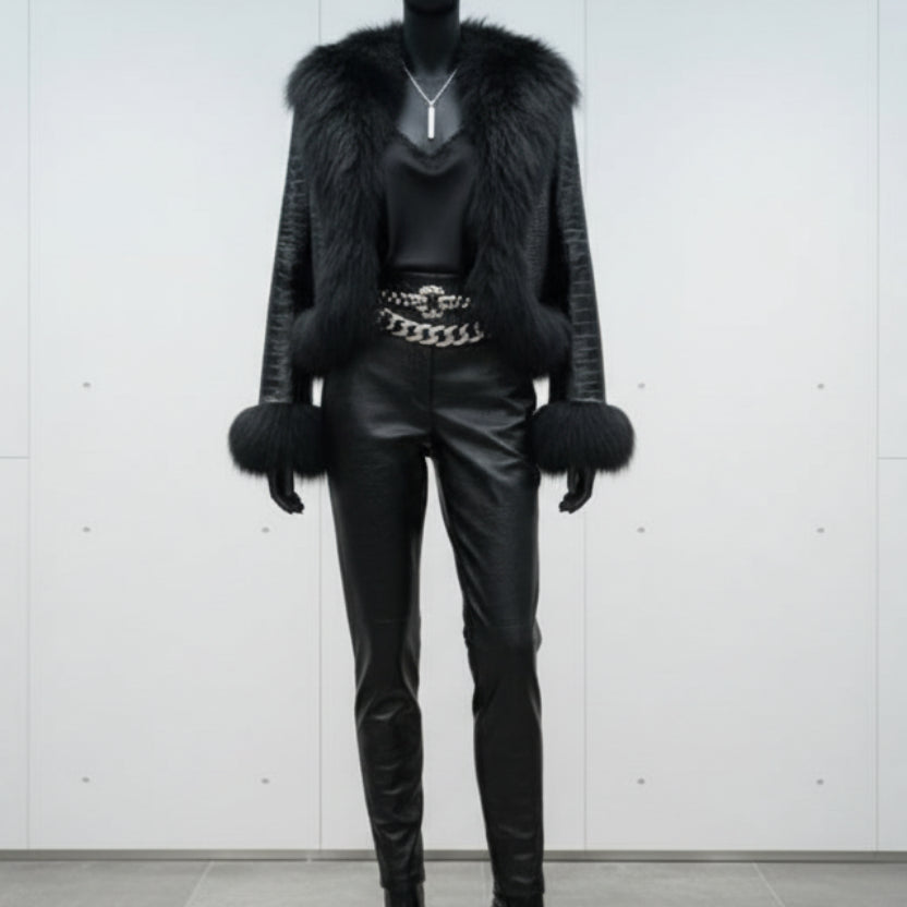 Natural Raccoon Fur Collar Real Leather Jacket