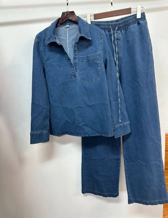 Women's Long Sleeve Washed Denim Top & Wide Leg Pants Set