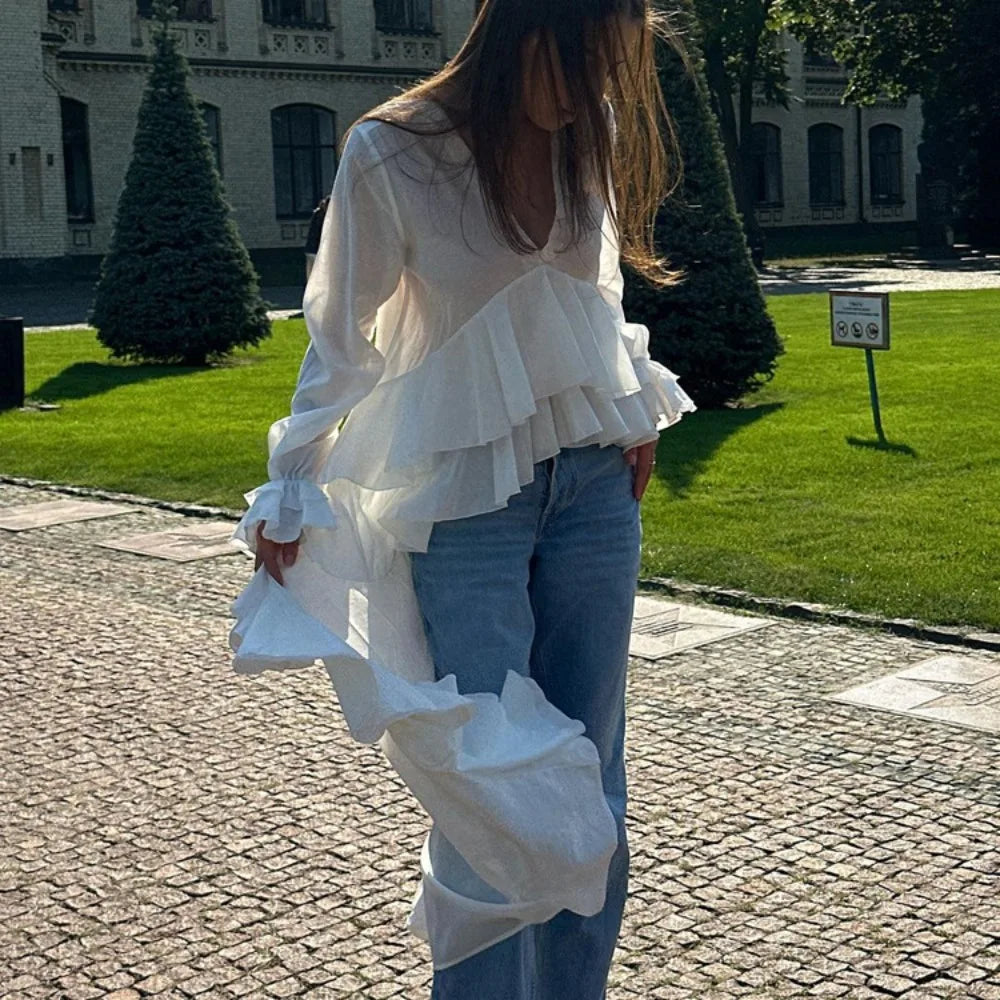 Women’s Solid Spliced Ruffles V Neck Long Sleeve Blouse