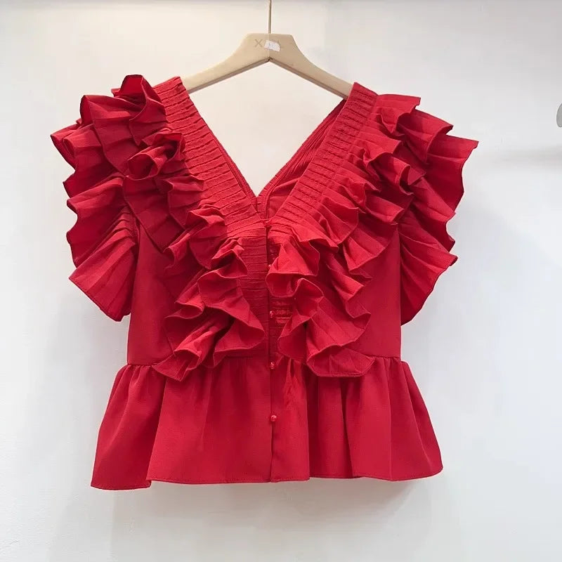 V-neck Flounce Women's Clothes Retro Flying Sleeves Pleat And Waisted Blouse Polyester