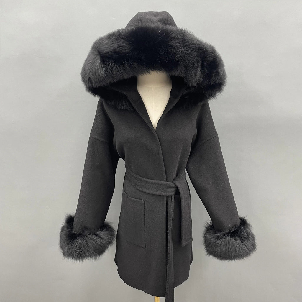 Hooded Wool Coat with Fox Fur Collar
