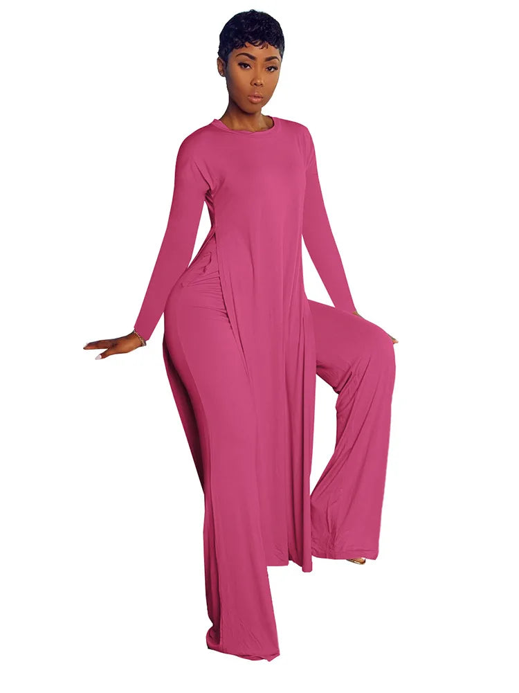 Women's Long Sleeve High Slit X-long Tee Top & Straight Pant Suit