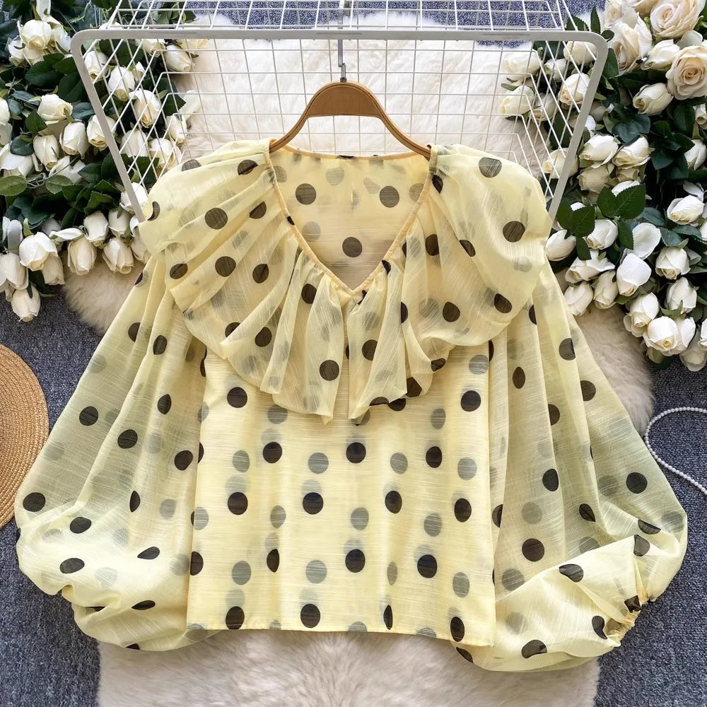 Polka Dot Puff Sleeve Simple Loose Ruffles Blouse