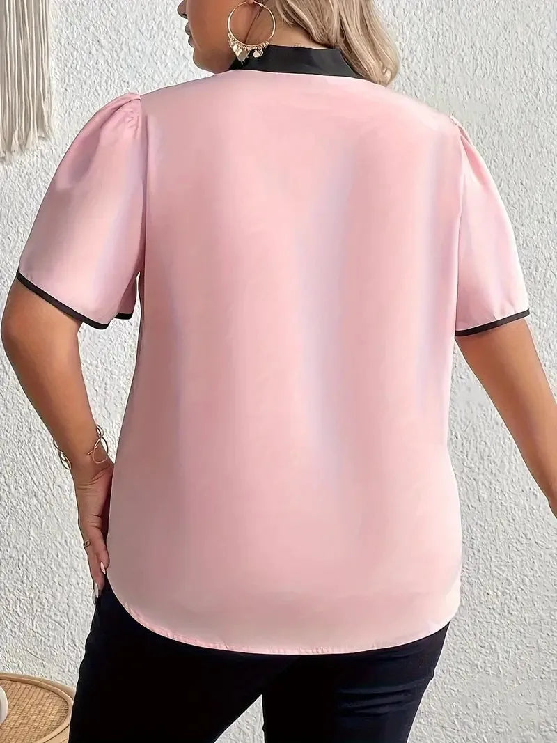 Plus Size Contrast Bow Tie Neck Short Sleeve Casual Blouse