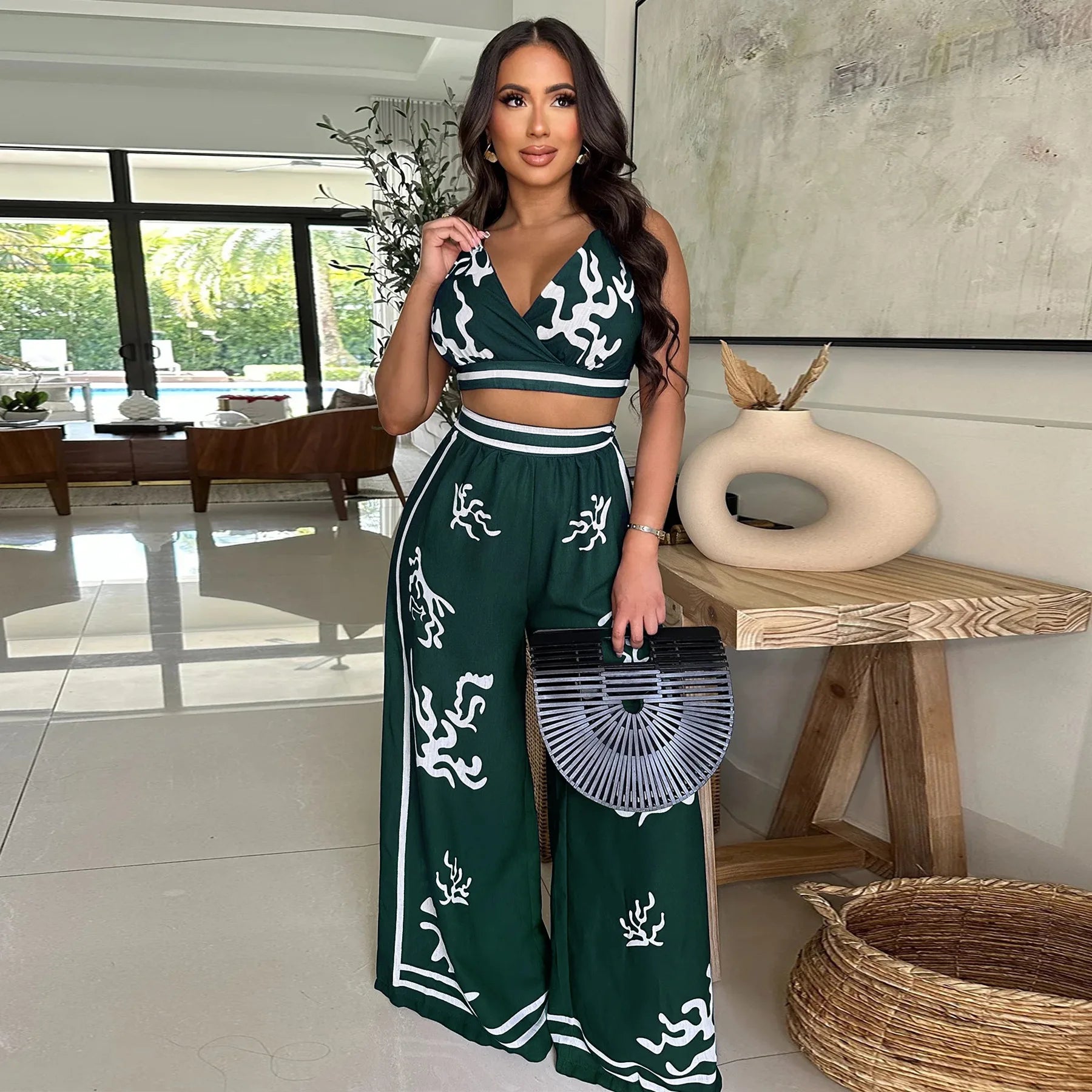 Women's Strap V-neck Crop Top and Wide Leg Pants Set